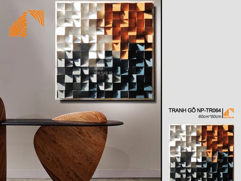 phối màu tường với tranh gỗ Mosaic nghệ thuật treo phòng khách