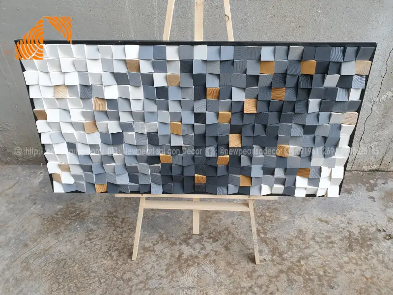 phối màu tường với tranh gỗ Mosaic nghệ thuật treo phòng khách